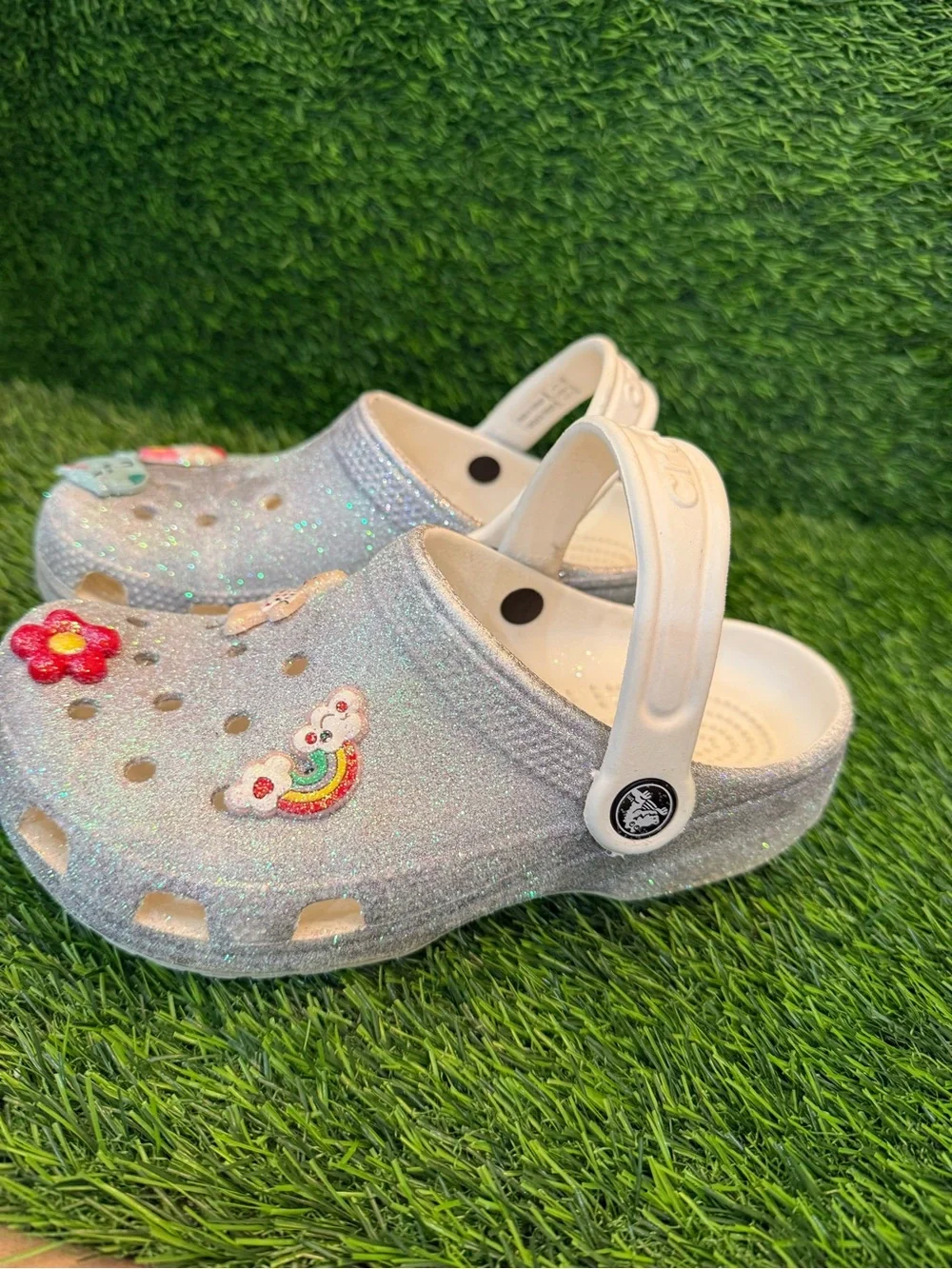 Crocs Kids Glitter Slip-On Clogs with Charms - Silver size 1Y